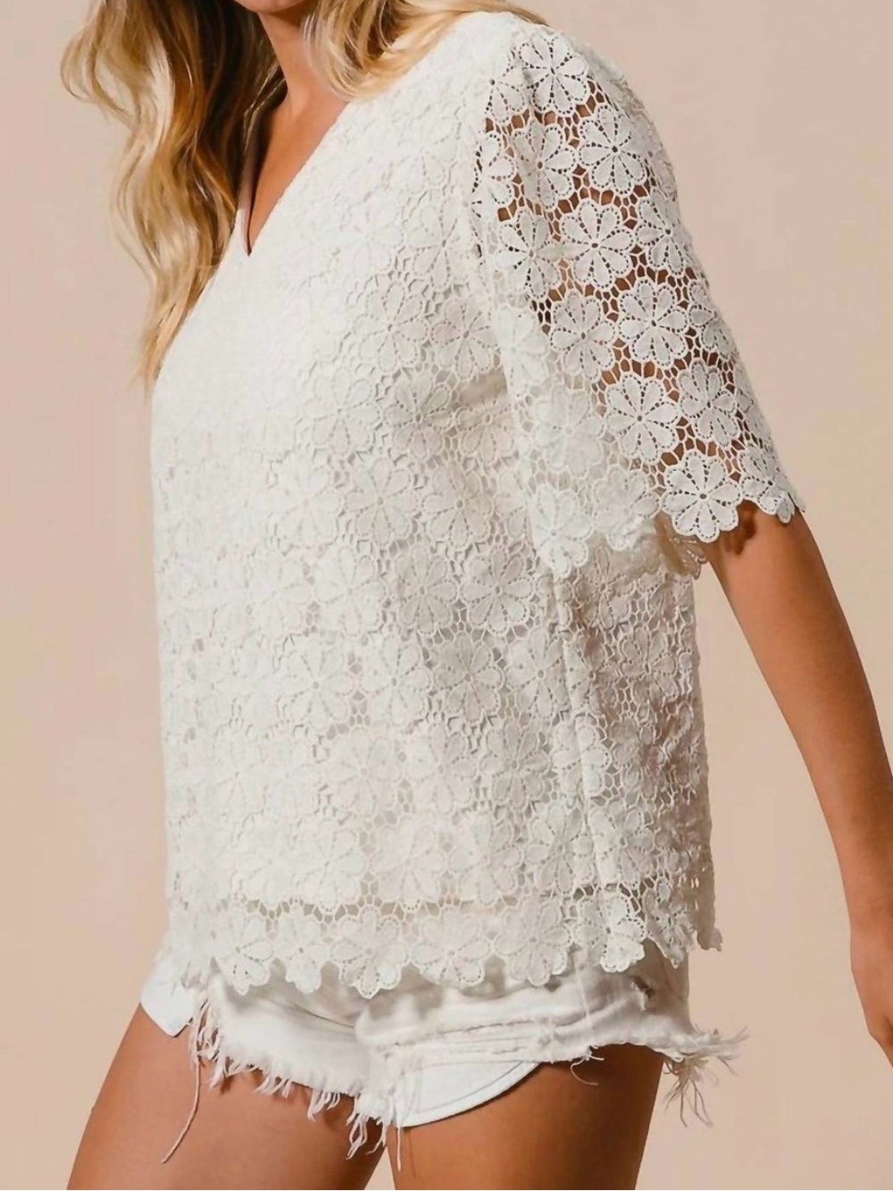 BiBi Cream Floral Crochet V-Neck Lace Blouse